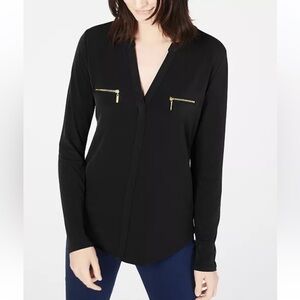 INC International Concepts Black Blouse with Gold Zipper  Pockets